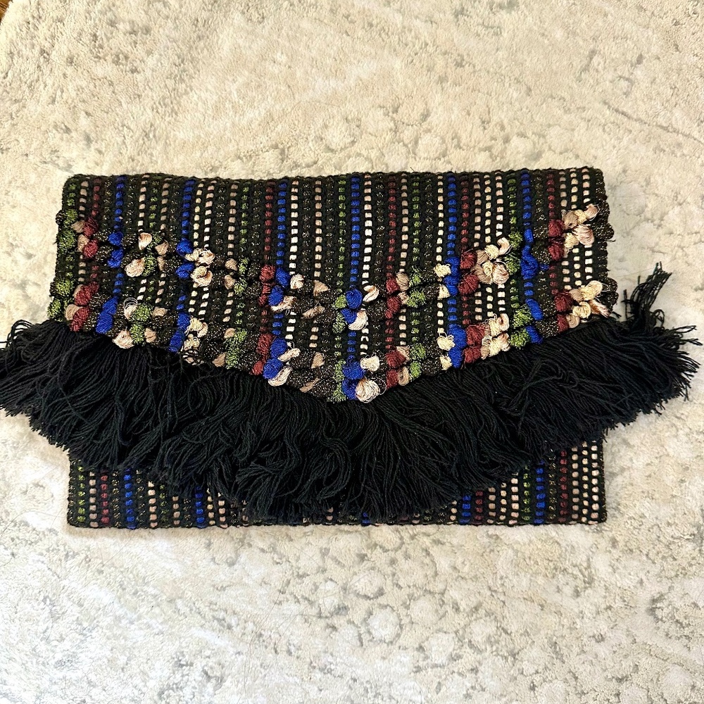 Metallic Fringed Multi-Color Woven Clutch